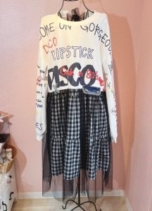 ☻ECORIMECO(エコリメコ)☻リメイクペイントプリントのチュールワンピース★リメイク服★